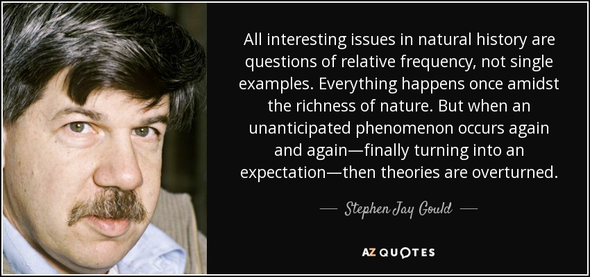 All interesting issues in natural history are questions of relative frequency, not single examples. Everything happens once amidst the richness of nature. But when an unanticipated phenomenon occurs again and again—finally turning into an expectation—then theories are overturned. - Stephen Jay Gould