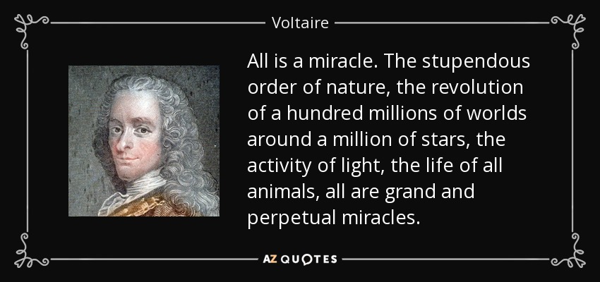 All is a miracle. The stupendous order of nature, the revolution of a hundred millions of worlds around a million of stars, the activity of light, the life of all animals, all are grand and perpetual miracles. - Voltaire