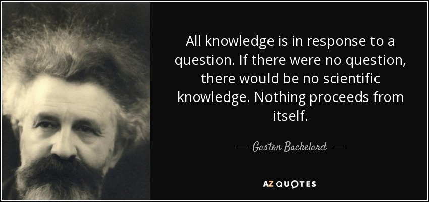All knowledge is in response to a question. If there were no question, there would be no scientific knowledge. Nothing proceeds from itself. - Gaston Bachelard