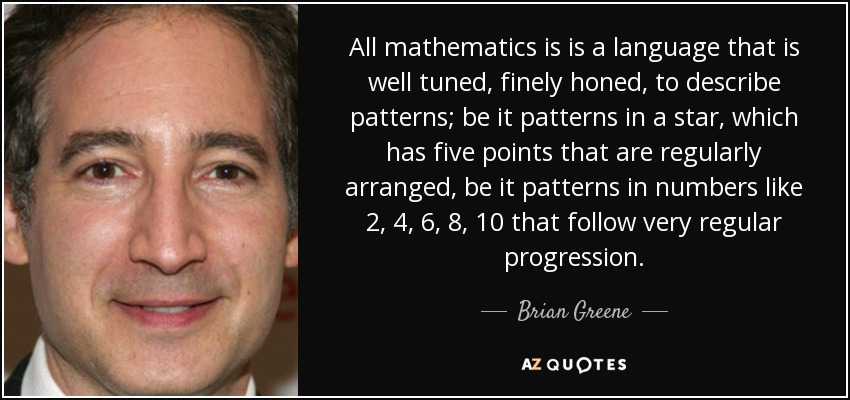 All mathematics is is a language that is well tuned, finely honed, to describe patterns; be it patterns in a star, which has five points that are regularly arranged, be it patterns in numbers like 2, 4, 6, 8, 10 that follow very regular progression. - Brian Greene