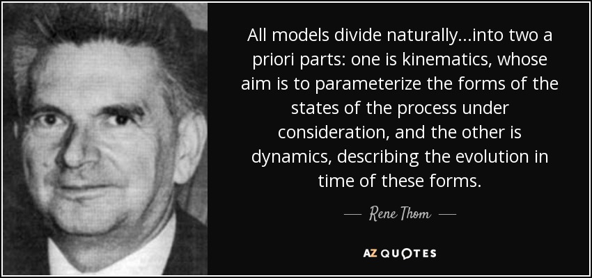 All models divide naturally...into two a priori parts: one is kinematics, whose aim is to parameterize the forms of the states of the process under consideration, and the other is dynamics, describing the evolution in time of these forms. - Rene Thom