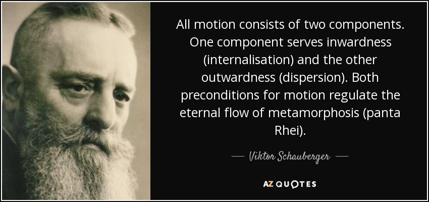 All motion consists of two components. One component serves inwardness (internalisation) and the other outwardness (dispersion). Both preconditions for motion regulate the eternal flow of metamorphosis (panta Rhei). - Viktor Schauberger