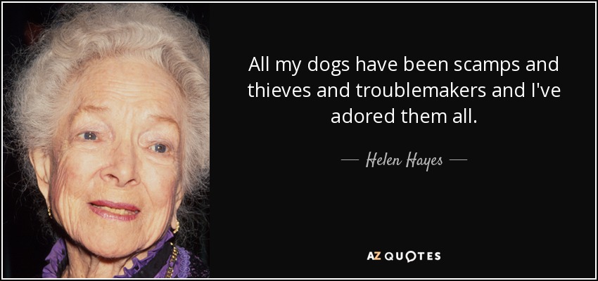 All my dogs have been scamps and thieves and troublemakers and I've adored them all. - Helen Hayes