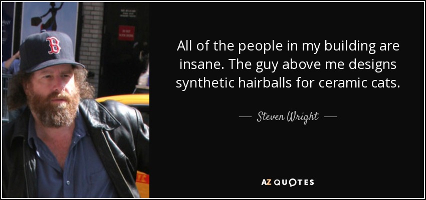 All of the people in my building are insane. The guy above me designs synthetic hairballs for ceramic cats. - Steven Wright