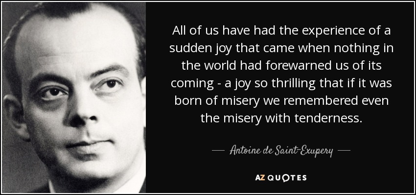 All of us have had the experience of a sudden joy that came when nothing in the world had forewarned us of its coming - a joy so thrilling that if it was born of misery we remembered even the misery with tenderness. - Antoine de Saint-Exupery