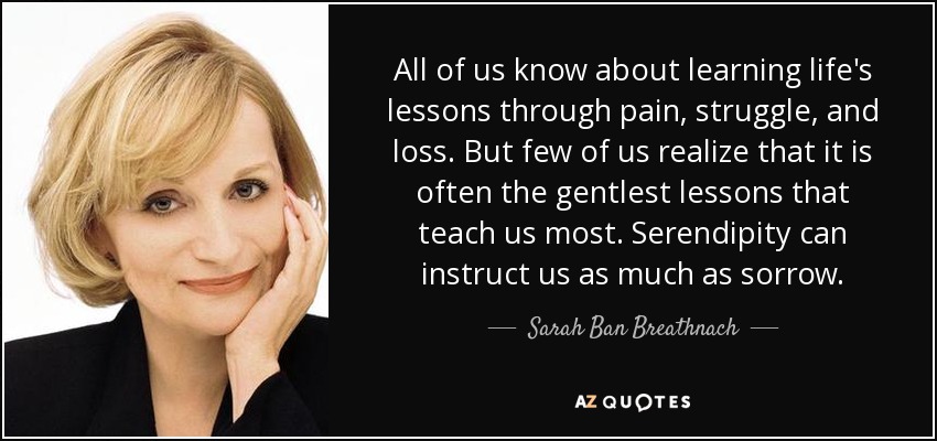All of us know about learning life's lessons through pain, struggle, and loss. But few of us realize that it is often the gentlest lessons that teach us most. Serendipity can instruct us as much as sorrow. - Sarah Ban Breathnach