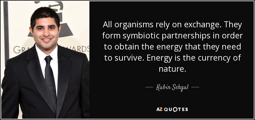 All organisms rely on exchange. They form symbiotic partnerships in order to obtain the energy that they need to survive. Energy is the currency of nature. - Kabir Sehgal