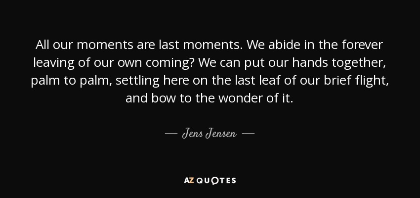 All our moments are last moments. We abide in the forever leaving of our own coming? We can put our hands together, palm to palm, settling here on the last leaf of our brief flight, and bow to the wonder of it. - Jens Jensen