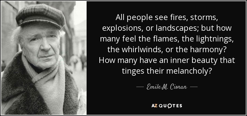 All people see fires, storms, explosions, or landscapes; but how many feel the flames, the lightnings, the whirlwinds, or the harmony? How many have an inner beauty that tinges their melancholy? - Emile M. Cioran