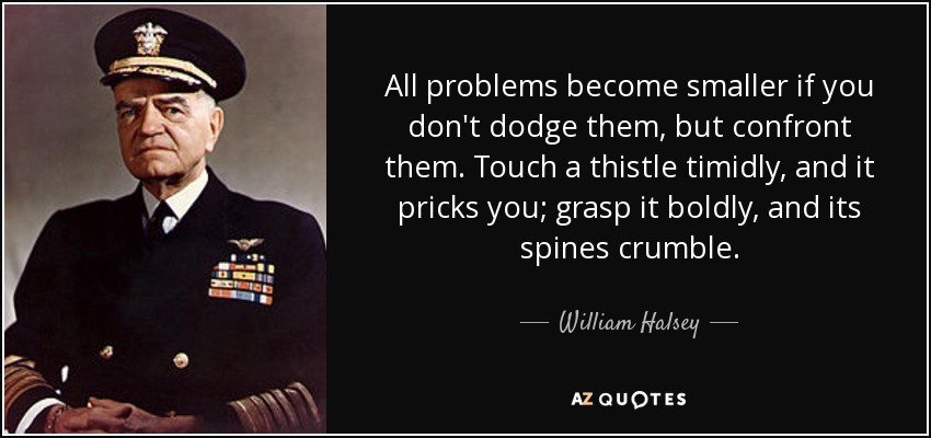 All problems become smaller if you don't dodge them, but confront them. Touch a thistle timidly, and it pricks you; grasp it boldly, and its spines crumble. - William Halsey