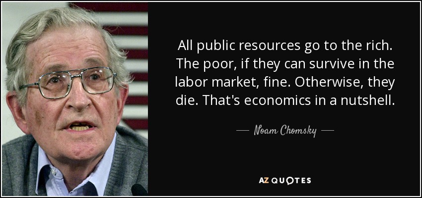All public resources go to the rich. The poor, if they can survive in the labor market, fine. Otherwise, they die. That's economics in a nutshell. - Noam Chomsky