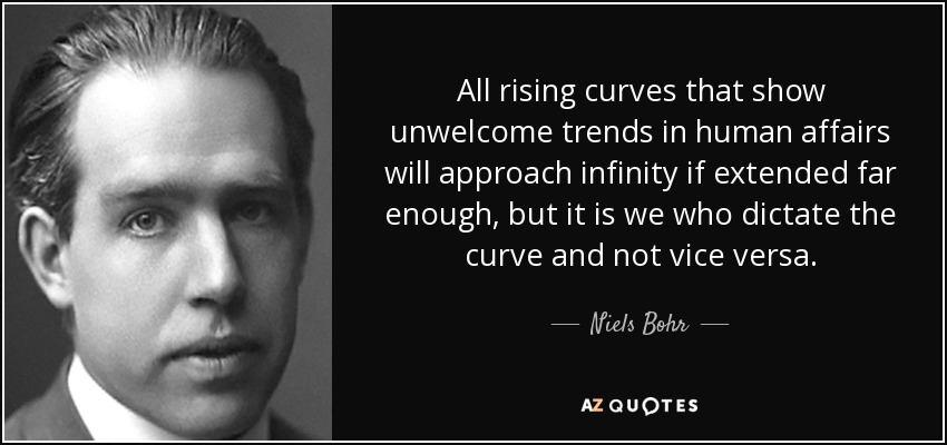 All rising curves that show unwelcome trends in human affairs will approach infinity if extended far enough, but it is we who dictate the curve and not vice versa. - Niels Bohr