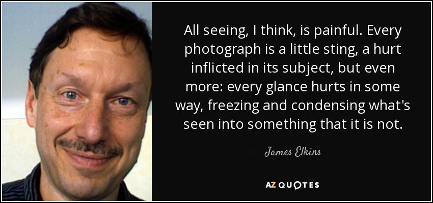 All seeing, I think, is painful. Every photograph is a little sting, a hurt inflicted in its subject, but even more: every glance hurts in some way, freezing and condensing what's seen into something that it is not. - James Elkins