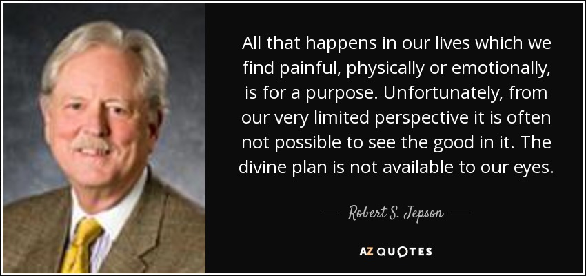 All that happens in our lives which we find painful, physically or emotionally, is for a purpose. Unfortunately, from our very limited perspective it is often not possible to see the good in it. The divine plan is not available to our eyes. - Robert S. Jepson, Jr.