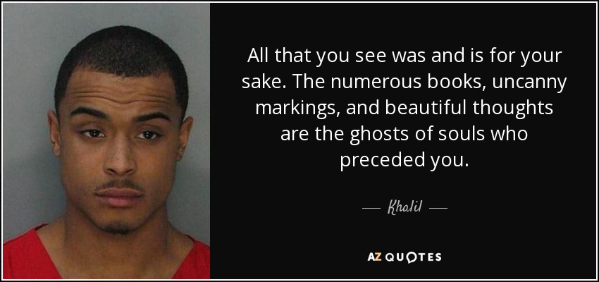 All that you see was and is for your sake. The numerous books, uncanny markings, and beautiful thoughts are the ghosts of souls who preceded you. - Khalil