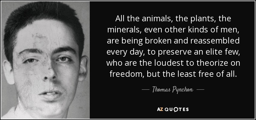 All the animals, the plants, the minerals, even other kinds of men, are being broken and reassembled every day, to preserve an elite few, who are the loudest to theorize on freedom, but the least free of all. - Thomas Pynchon