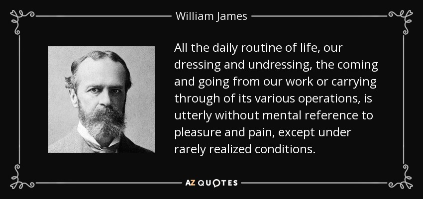 All the daily routine of life, our dressing and undressing, the coming and going from our work or carrying through of its various operations, is utterly without mental reference to pleasure and pain, except under rarely realized conditions. - William James