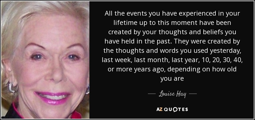 All the events you have experienced in your lifetime up to this moment have been created by your thoughts and beliefs you have held in the past. They were created by the thoughts and words you used yesterday, last week, last month, last year, 10, 20, 30, 40, or more years ago, depending on how old you are - Louise Hay