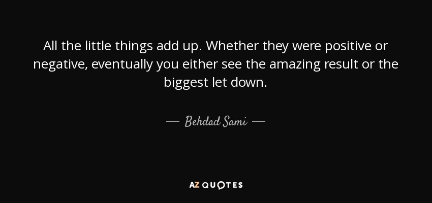 All the little things add up. Whether they were positive or negative, eventually you either see the amazing result or the biggest let down. - Behdad Sami
