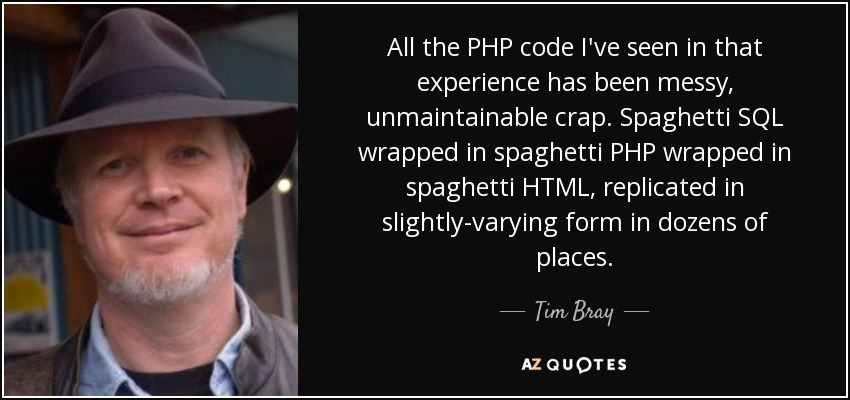 All the PHP code I've seen in that experience has been messy, unmaintainable crap. Spaghetti SQL wrapped in spaghetti PHP wrapped in spaghetti HTML, replicated in slightly-varying form in dozens of places. - Tim Bray