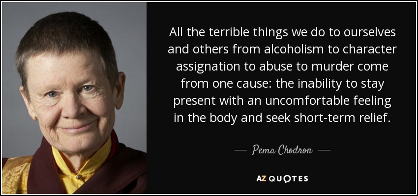 All the terrible things we do to ourselves and others from alcoholism to character assignation to abuse to murder come from one cause: the inability to stay present with an uncomfortable feeling in the body and seek short-term relief. - Pema Chodron