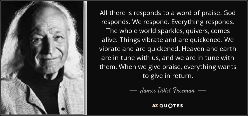 All there is responds to a word of praise. God responds. We respond. Everything responds. The whole world sparkles, quivers, comes alive. Things vibrate and are quickened. We vibrate and are quickened. Heaven and earth are in tune with us, and we are in tune with them. When we give praise, everything wants to give in return. - James Dillet Freeman