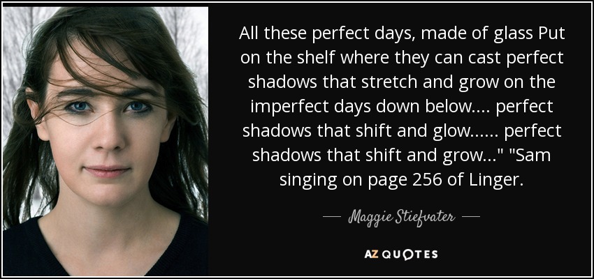 All these perfect days, made of glass Put on the shelf where they can cast perfect shadows that stretch and grow on the imperfect days down below. ... perfect shadows that shift and glow... ... perfect shadows that shift and grow...