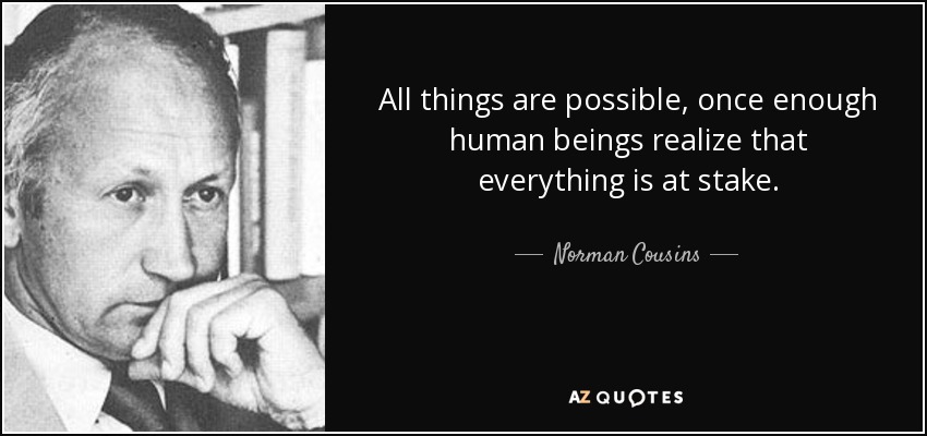 All things are possible, once enough human beings realize that everything is at stake. - Norman Cousins