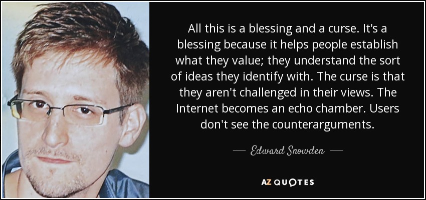 All this is a blessing and a curse. It's a blessing because it helps people establish what they value; they understand the sort of ideas they identify with. The curse is that they aren't challenged in their views. The Internet becomes an echo chamber. Users don't see the counterarguments. - Edward Snowden