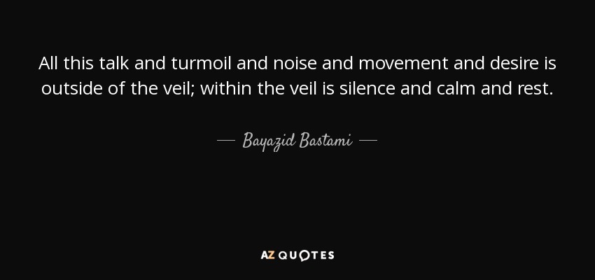 All this talk and turmoil and noise and movement and desire is outside of the veil; within the veil is silence and calm and rest. - Bayazid Bastami