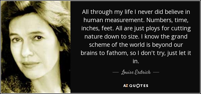 All through my life I never did believe in human measurement. Numbers, time, inches, feet. All are just ploys for cutting nature down to size. I know the grand scheme of the world is beyond our brains to fathom, so I don't try, just let it in. - Louise Erdrich