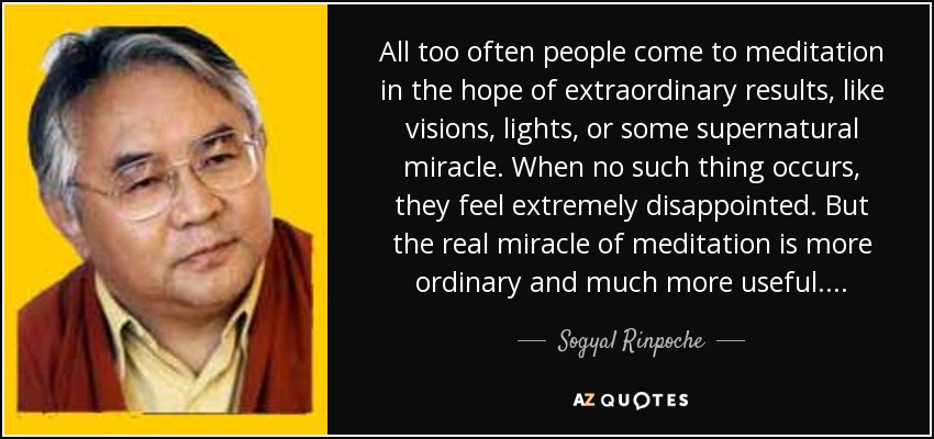 All too often people come to meditation in the hope of extraordinary results, like visions, lights, or some supernatural miracle. When no such thing occurs, they feel extremely disappointed. But the real miracle of meditation is more ordinary and much more useful. . . . - Sogyal Rinpoche