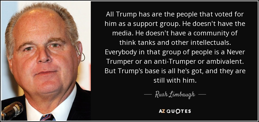 All Trump has are the people that voted for him as a support group. He doesn't have the media. He doesn't have a community of think tanks and other intellectuals. Everybody in that group of people is a Never Trumper or an anti-Trumper or ambivalent. But Trump's base is all he's got, and they are still with him. - Rush Limbaugh