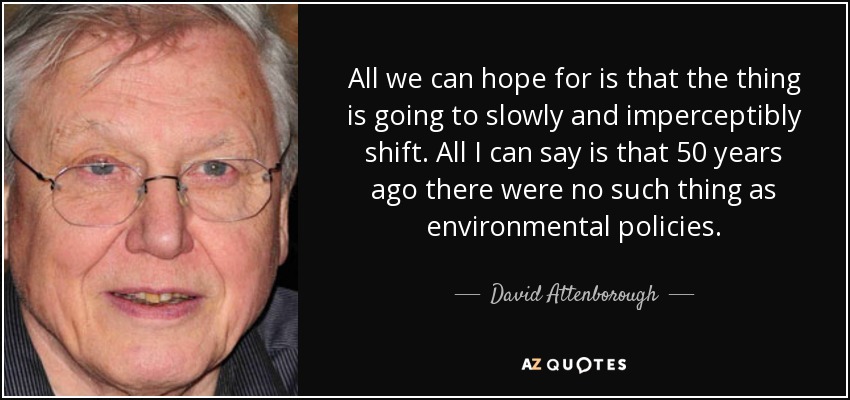 All we can hope for is that the thing is going to slowly and imperceptibly shift. All I can say is that 50 years ago there were no such thing as environmental policies. - David Attenborough