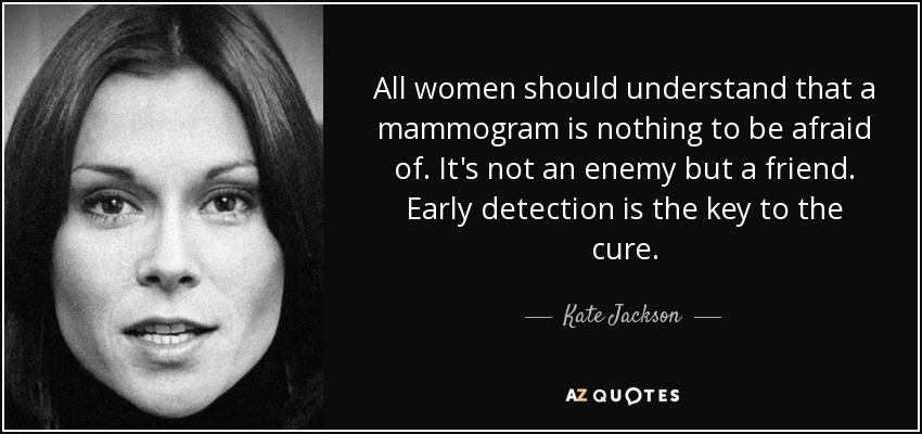 All women should understand that a mammogram is nothing to be afraid of. It's not an enemy but a friend. Early detection is the key to the cure. - Kate Jackson