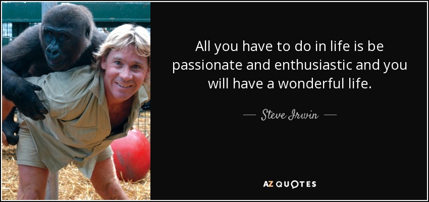 All you have to do in life is be passionate and enthusiastic and you will have a wonderful life. - Steve Irwin