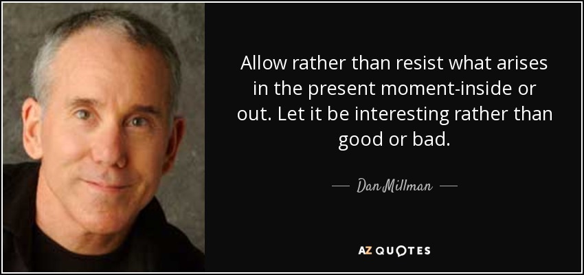 Allow rather than resist what arises in the present moment-inside or out. Let it be interesting rather than good or bad. - Dan Millman