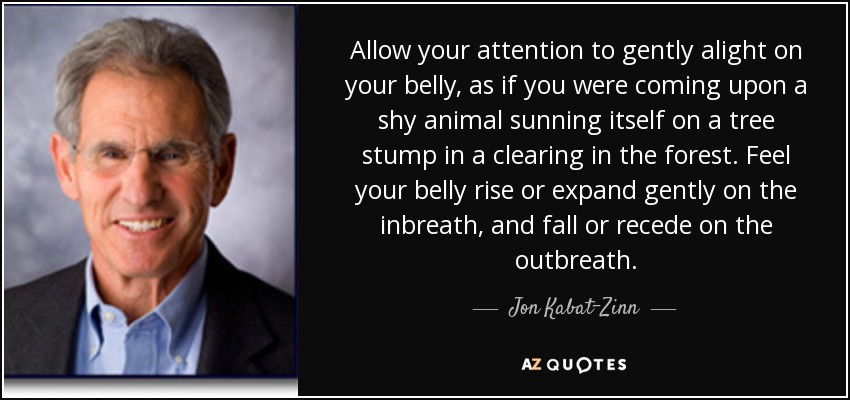 Allow your attention to gently alight on your belly, as if you were coming upon a shy animal sunning itself on a tree stump in a clearing in the forest. Feel your belly rise or expand gently on the inbreath, and fall or recede on the outbreath. - Jon Kabat-Zinn
