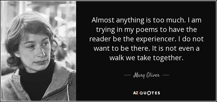 Almost anything is too much. I am trying in my poems to have the reader be the experiencer. I do not want to be there. It is not even a walk we take together. - Mary Oliver