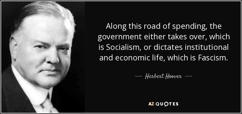 Along this road of spending, the government either takes over, which is Socialism, or dictates institutional and economic life, which is Fascism. - Herbert Hoover