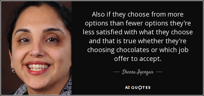 Also if they choose from more options than fewer options they're less satisfied with what they choose and that is true whether they're choosing chocolates or which job offer to accept. - Sheena Iyengar