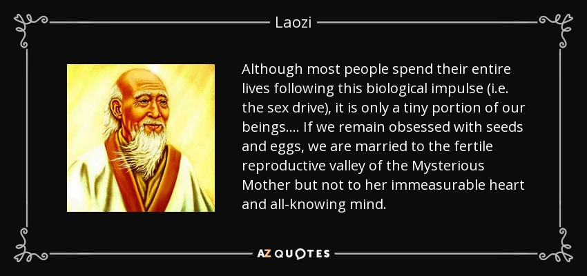 Although most people spend their entire lives following this biological impulse (i.e. the sex drive), it is only a tiny portion of our beings. . . . If we remain obsessed with seeds and eggs, we are married to the fertile reproductive valley of the Mysterious Mother but not to her immeasurable heart and all-knowing mind. - Laozi