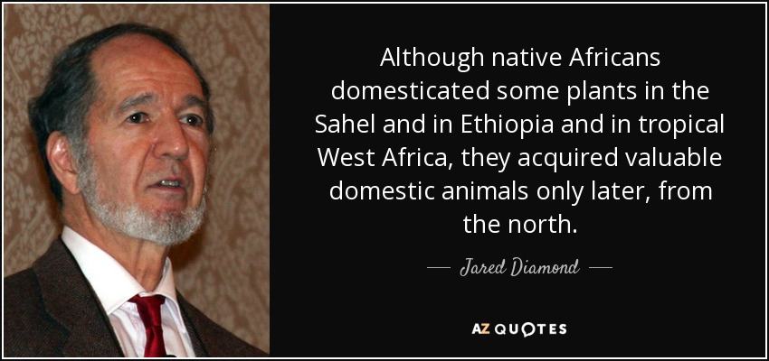 Although native Africans domesticated some plants in the Sahel and in Ethiopia and in tropical West Africa, they acquired valuable domestic animals only later, from the north. - Jared Diamond
