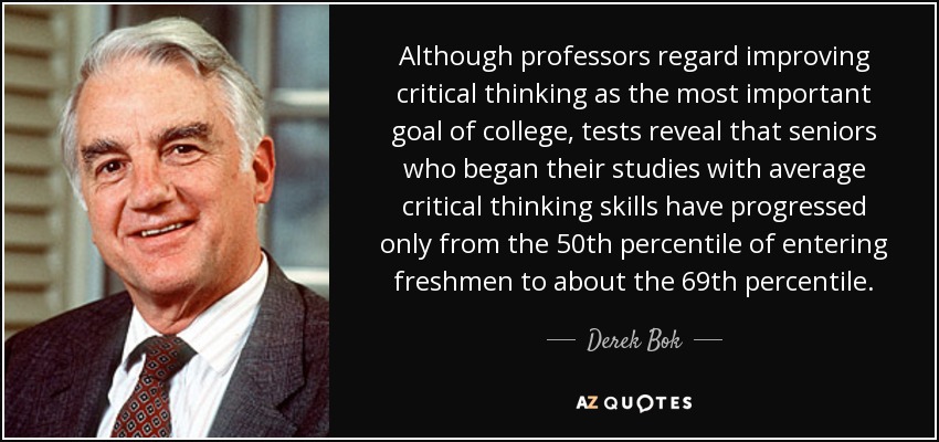 Although professors regard improving critical thinking as the most important goal of college, tests reveal that seniors who began their studies with average critical thinking skills have progressed only from the 50th percentile of entering freshmen to about the 69th percentile. - Derek Bok