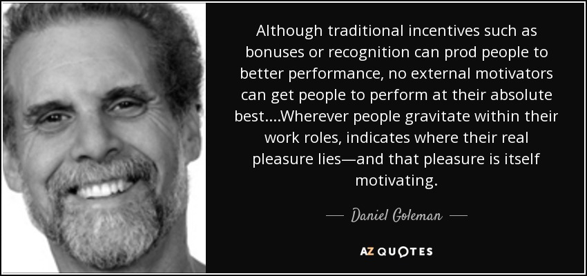 Although traditional incentives such as bonuses or recognition can prod people to better performance, no external motivators can get people to perform at their absolute best. . . .Wherever people gravitate within their work roles, indicates where their real pleasure lies—and that pleasure is itself motivating. - Daniel Goleman