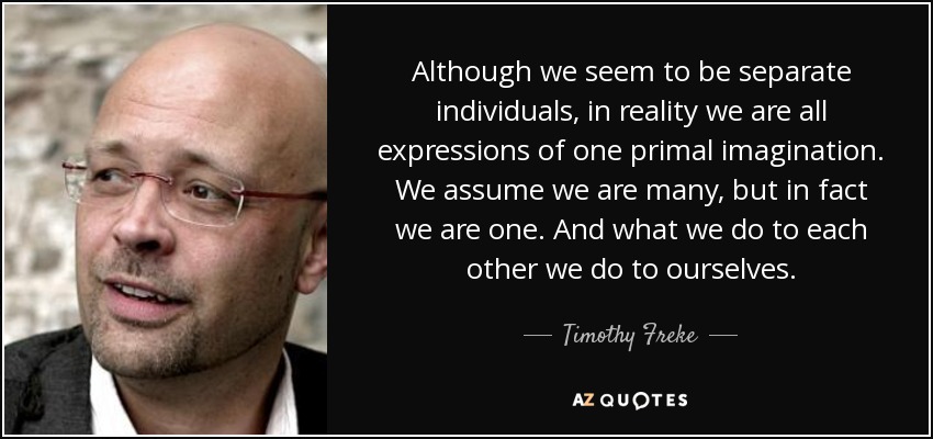 Although we seem to be separate individuals, in reality we are all expressions of one primal imagination. We assume we are many, but in fact we are one. And what we do to each other we do to ourselves. - Timothy Freke