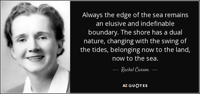 Always the edge of the sea remains an elusive and indefinable boundary. The shore has a dual nature, changing with the swing of the tides, belonging now to the land, now to the sea. - Rachel Carson