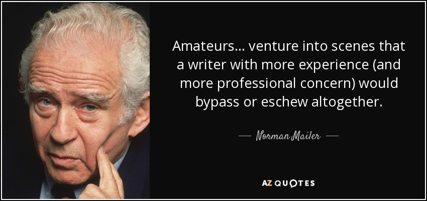 Amateurs... venture into scenes that a writer with more experience (and more professional concern) would bypass or eschew altogether. - Norman Mailer