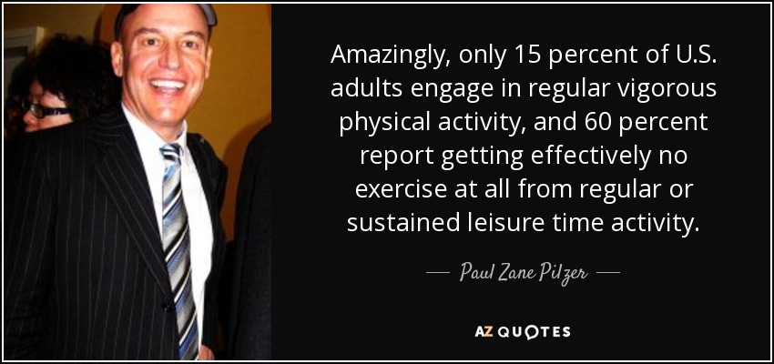 Amazingly, only 15 percent of U.S. adults engage in regular vigorous physical activity, and 60 percent report getting effectively no exercise at all from regular or sustained leisure time activity. - Paul Zane Pilzer