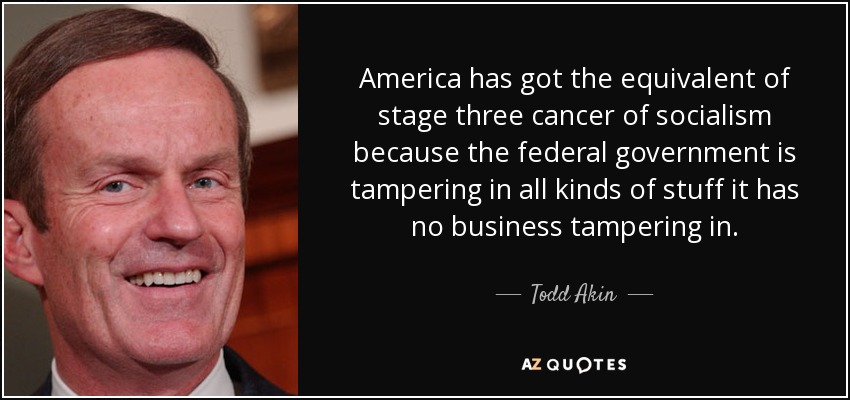 America has got the equivalent of stage three cancer of socialism because the federal government is tampering in all kinds of stuff it has no business tampering in. - Todd Akin